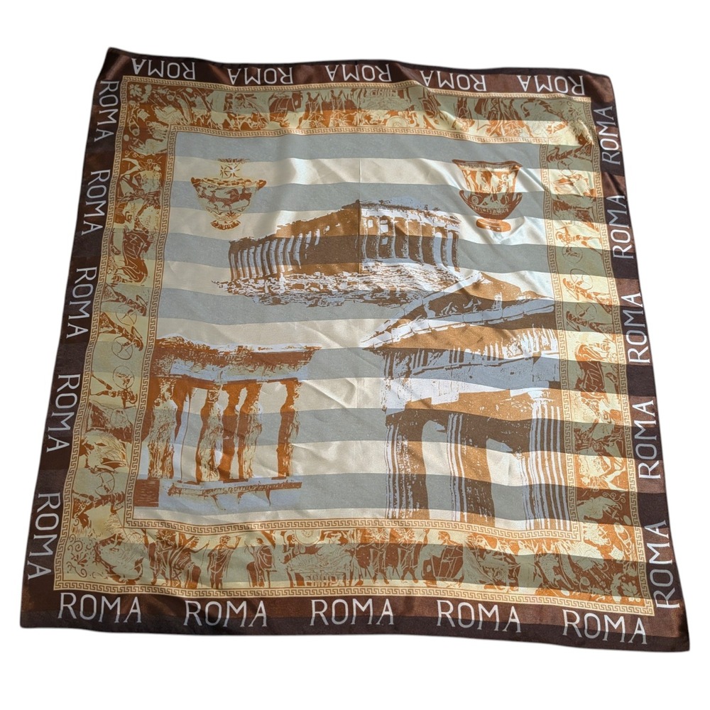 Vintage Roma Italy Souvenir Scarf Brown‎ Tan Roman Ruins Greek Key Silk Feel 38'